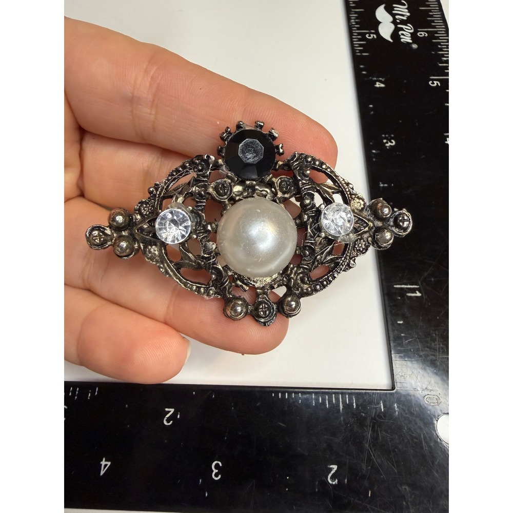 Silver Tone Filigree Brooch Faux Pearl Black Rhinestone Victorian Style Pin